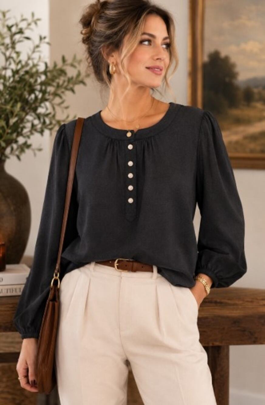 New Directions Charcoal Henley Blouse Long Sleeve Balloon Sleeve Casual Top